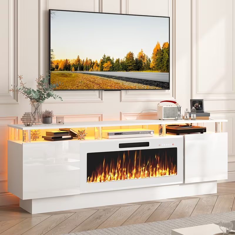 Entertainment Center with Electric Fireplace – 70" Modern TV Stand for TVs Up to 80", 36" LED Flame, High Gloss Cabinet, Multi-Color Options for Living Room