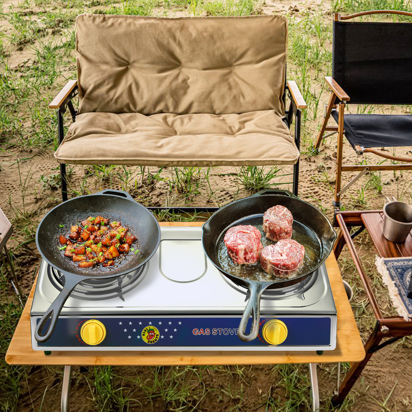 Propane Camping Stove Single & Double Burner – Stainless Steel Gas Cooker with Auto Ignition for Outdoor Cooking, Camping, Fishing, Hiking, Garden BBQ & Tailgate – Portable Camp Kitchen Burner