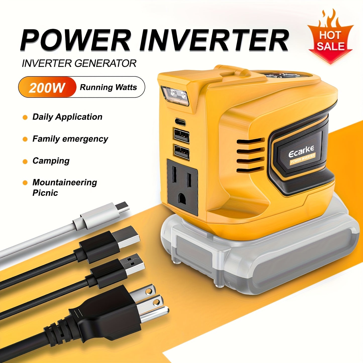 Battery Inverter for Dewalt 20V & 18V - 200W/350W/550W DC to AC 110V, USB, Type-C & AC Outlet, LED Work Light, Portable Power Supply for Camping, Outdoor & Emergency (Bare Tool)