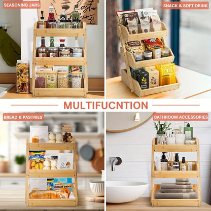 Fruit Basket Stand 2 & 3 Tier Wooden Countertop Organizer Large Capacity Kitchen Storage for Fruits Vegetables Bread Produce with Banana Hooks Natural Wood