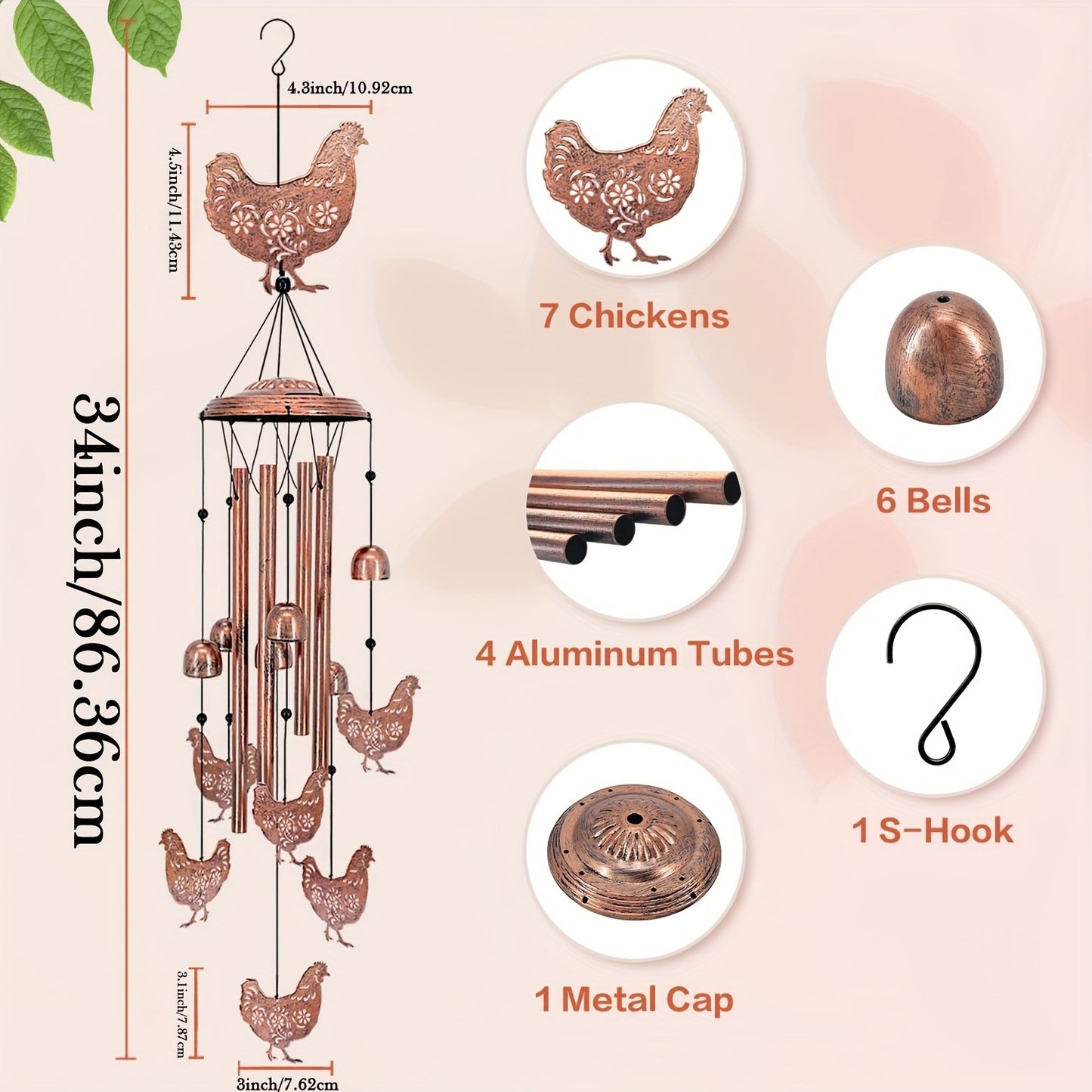Wind Chime Outdoor Chicken Farmhouse Decor - Aluminum Tube Soothing Sound Garden Porch Patio Hanging Ornament