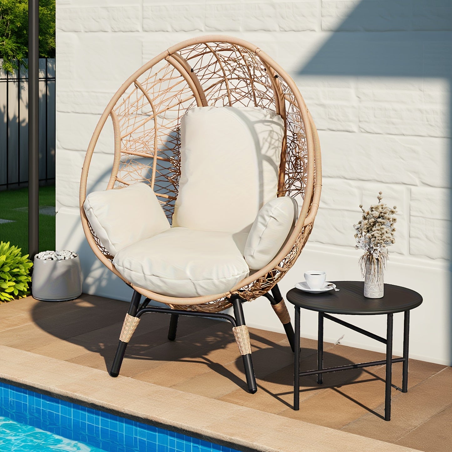 Egg Chair Outdoor Wicker Oversized Hanging Basket Chair with Stand & Cushion 500LBS Capacity UV-Resistant Rattan Style Patio Lounge Chair for Garden Backyard Balcony Porch Beige Black