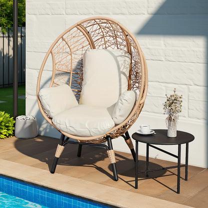 Egg Chair Outdoor Wicker Oversized Hanging Basket Chair with Stand & Cushion 500LBS Capacity UV-Resistant Rattan Style Patio Lounge Chair for Garden Backyard Balcony Porch Beige Black