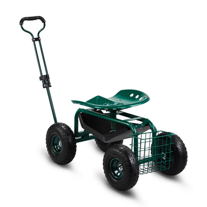 Rolling Garden Seat Cart | Backrest, Cushion, Telescopic Handle & Storage Basket, Steel Frame