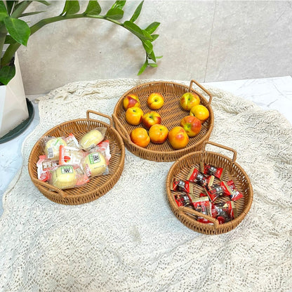Woven Rattan Bread Basket Set of 3 Round Fruit Basket with Handles for Bread Fruit Vegetables Dim Sum Dining Table Catering Display Decor