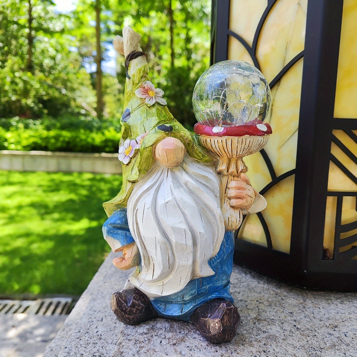 Solar Garden Gnome Statue with LED Magical Ball Light Outdoor Resin Dwarf Sculpture IP44 Waterproof Spring Yard Patio Decor Housewarming Gift