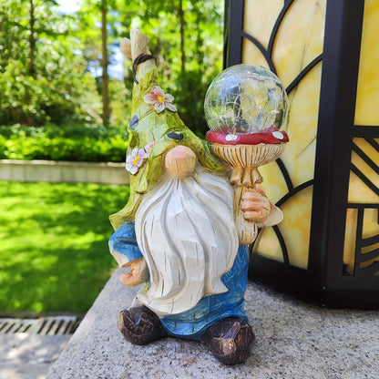 Solar Garden Gnome Statue with LED Magical Ball Light Outdoor Resin Dwarf Sculpture IP44 Waterproof Spring Yard Patio Decor Housewarming Gift