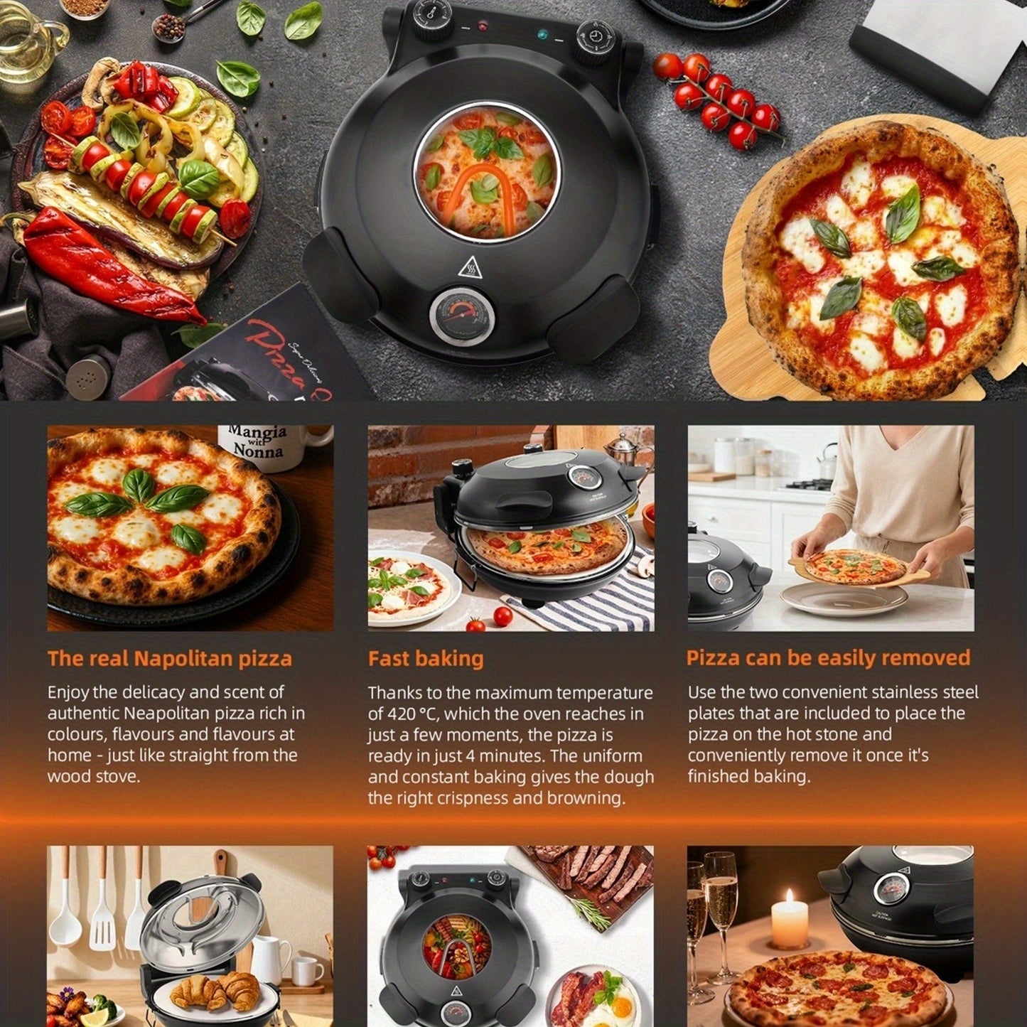 Pizza Oven Indoor 12-Inch Countertop – Heats Up to 800°F Electric Pizza Maker for Home | Fast Preheat, Crispy Crust, Indoor Pizza Grill Machine, Black