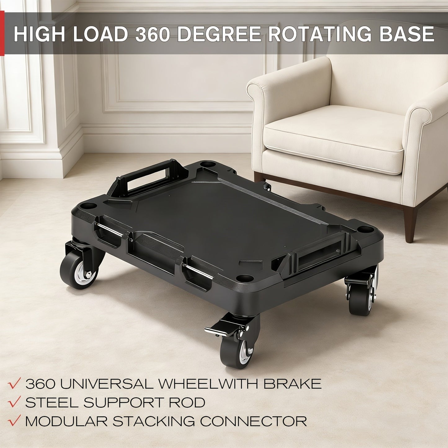 Rolling Tool Box with Wheels 3-Tier Stackable Organizer | Lockable Compartments, Connected Storage, 17" Large Plastic Toolbox for Garage, Home & Professional Work