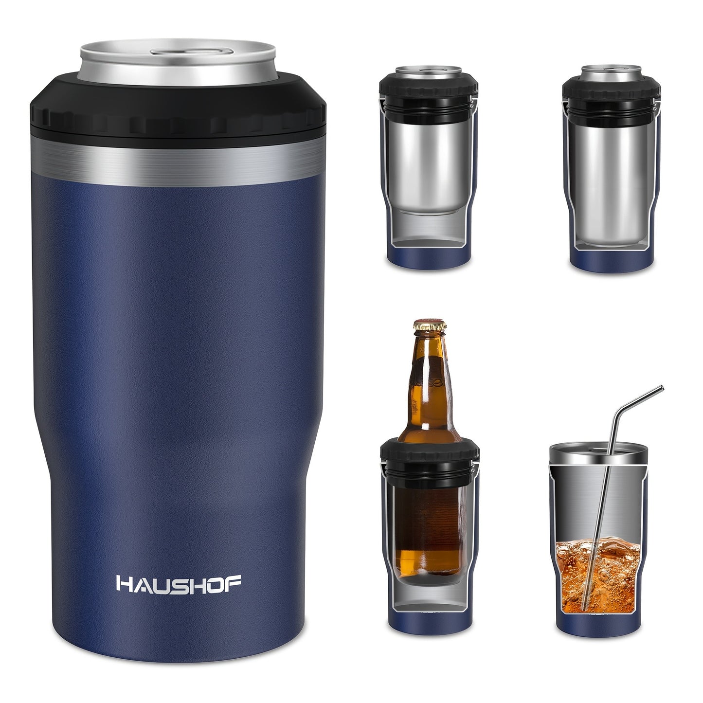 Can Cooler Insulated Stainless Steel 4-in-1 for 12 oz Standard Slim Can & Beer Bottle – Double Wall Sweat-Proof Beer Koozie for Camping Beach Tailgate BBQ Outdoor Party