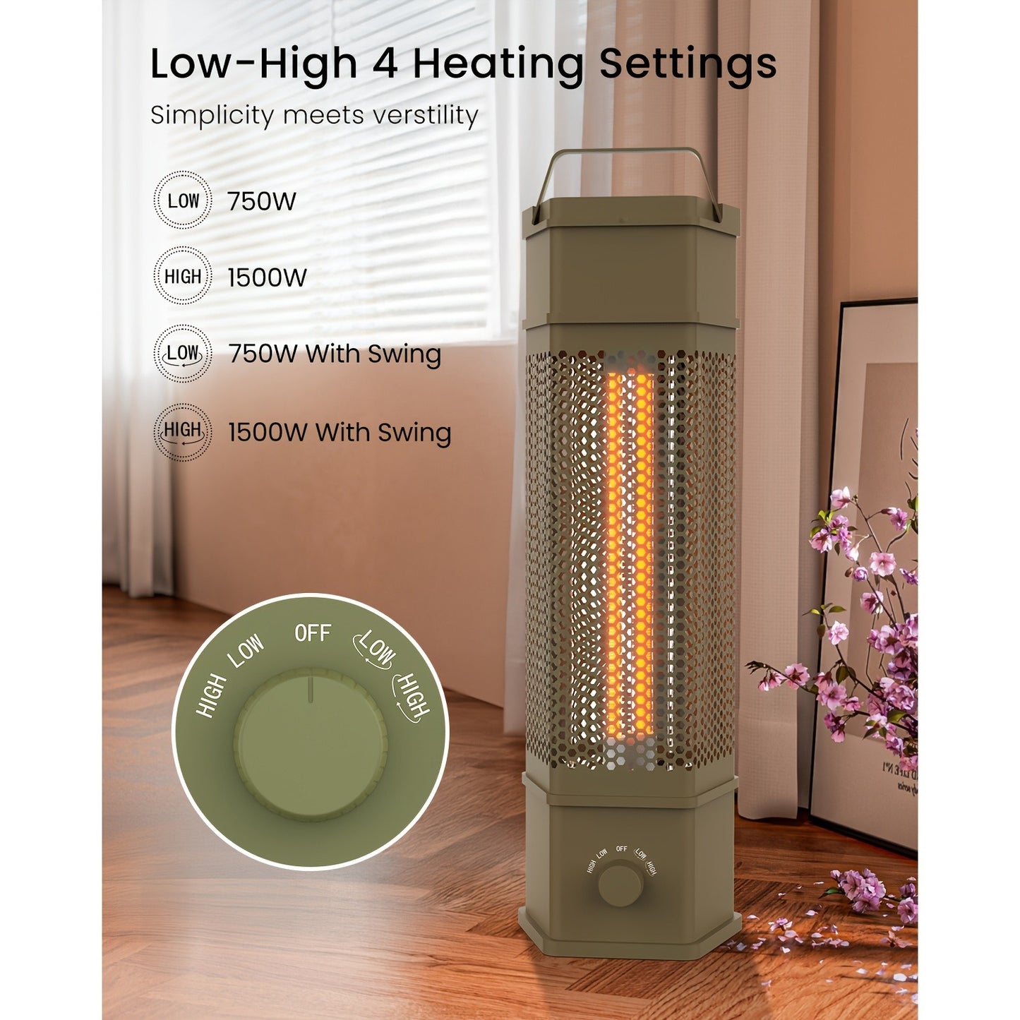 Electric Patio Heater 1400W 28", All-Around Radiant Heating with Tip-Over & Overheat Protection, Modern Indoor Outdoor Space Heater for Bedroom, Living Room, Garage, Backyard, Office