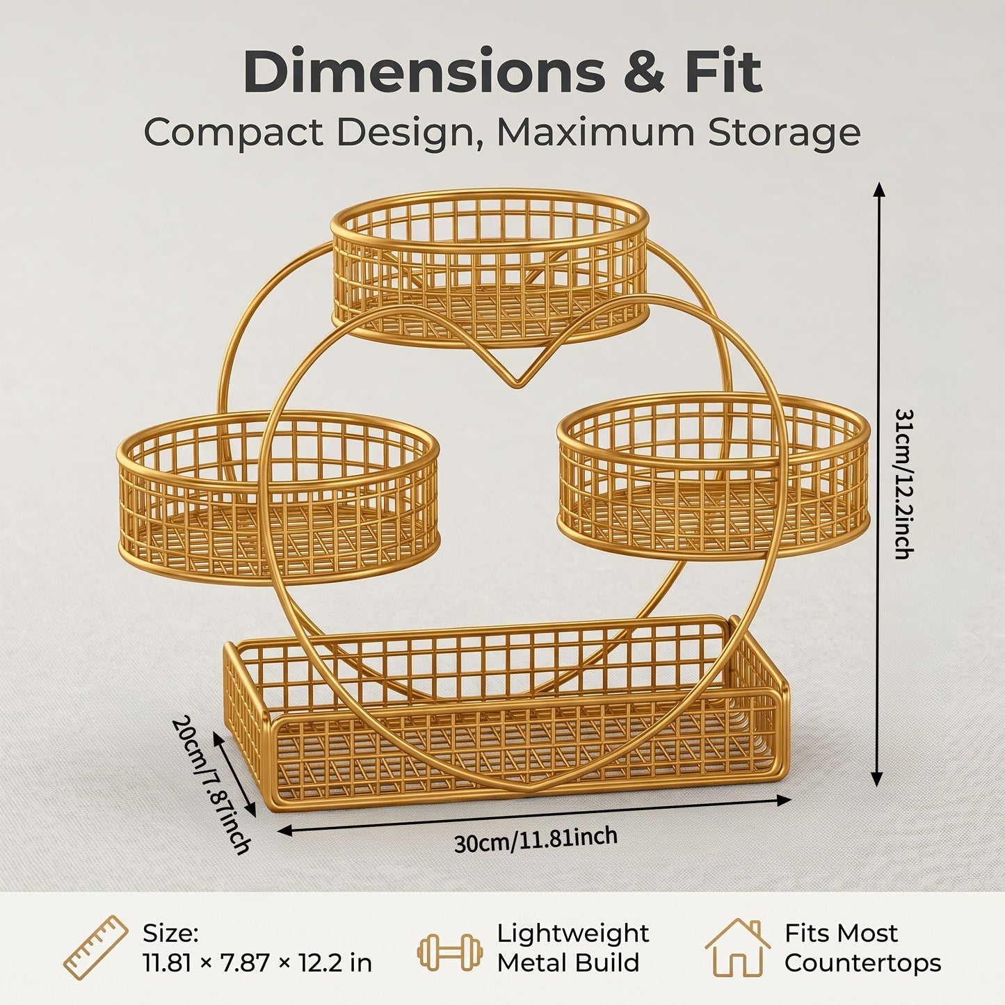 Wire Fruit Stand 3-Tier Golden Metal Basket | Large Capacity Kitchen Counter Organizer for Fruits Vegetables Bread Snacks Produce