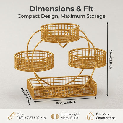 Wire Fruit Stand 3-Tier Golden Metal Basket | Large Capacity Kitchen Counter Organizer for Fruits Vegetables Bread Snacks Produce