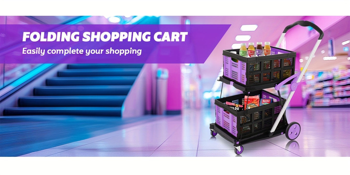 Collapsible Utility Cart 200 lb Heavy Duty Foldable Shopping Trolley 4-Wheel 360° Swivel Locking Brake Lightweight Portable Dolly for Grocery Mall Camping Pink Purple