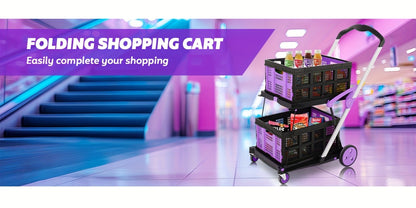 Collapsible Utility Cart 200 lb Heavy Duty Foldable Shopping Trolley 4-Wheel 360° Swivel Locking Brake Lightweight Portable Dolly for Grocery Mall Camping Pink Purple