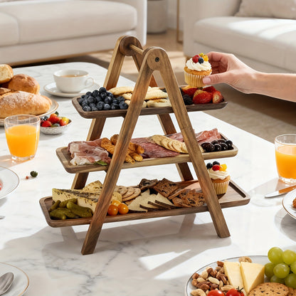Cake Stand 3 Tier Wooden Serving Tray Farmhouse Dessert Display Cupcake Tower Bread Basket Collapsible Tiered Platter for Wedding Party Charcuterie