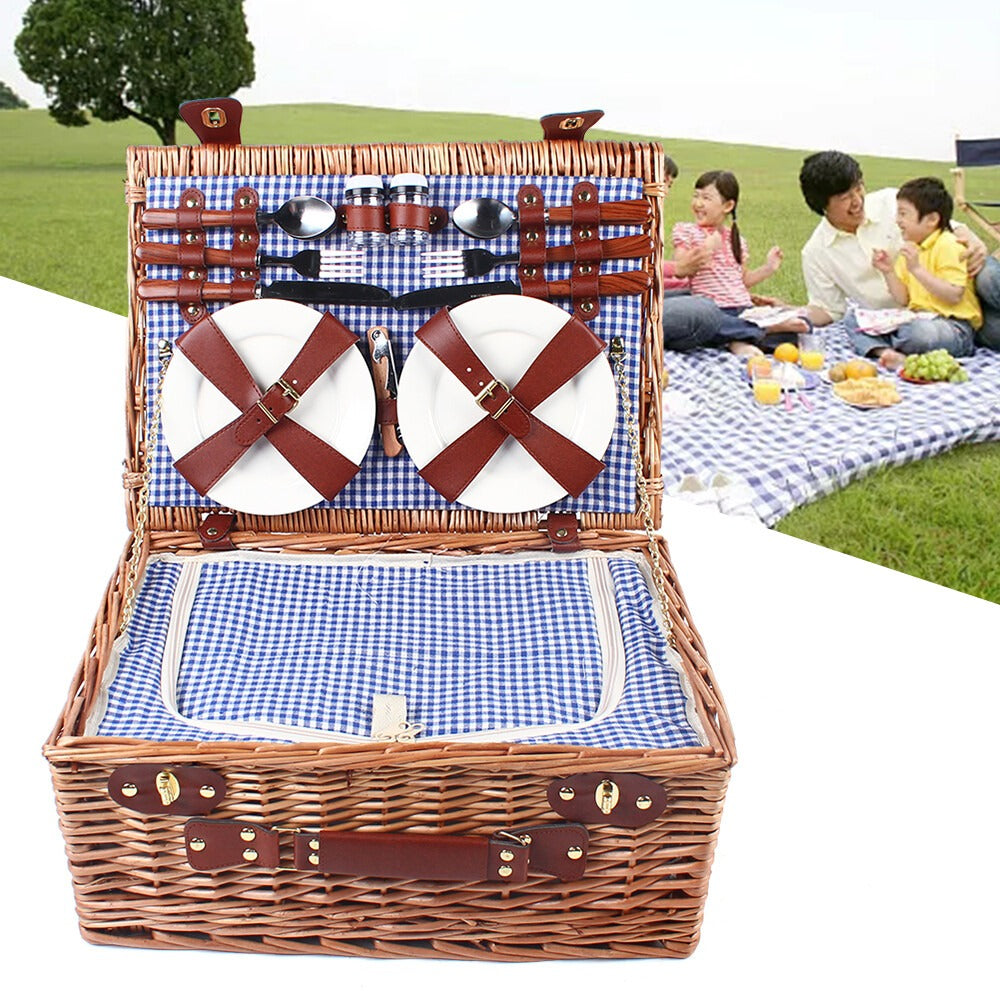 Wicker Picnic Basket for 4 with Insulated Cooler – Large Willow Hamper Set with Cutlery, Ceramic Plates, Wine Glasses for Camping, BBQ & Outdoor Gatherings