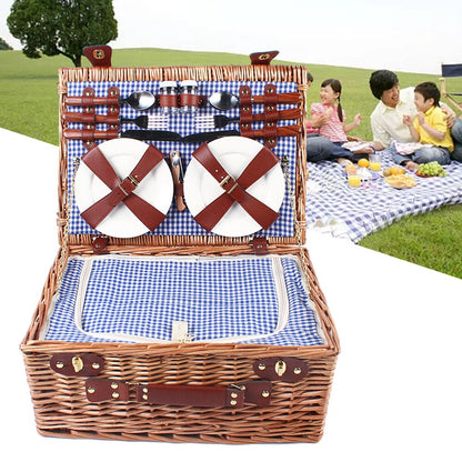 Wicker Picnic Basket for 4 with Insulated Cooler – Large Willow Hamper Set with Cutlery, Ceramic Plates, Wine Glasses for Camping, BBQ & Outdoor Gatherings