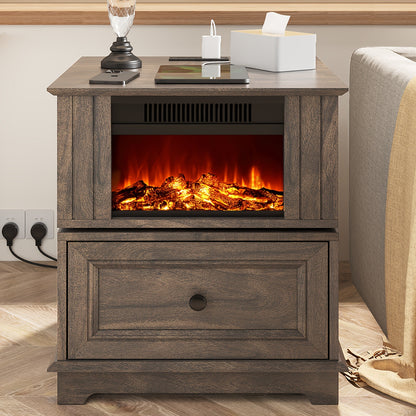 Electric Fireplace End Table Rotating 13-Inch Screen Side Table with Fast Charging Station Storage Shelf for Living Room Bedroom