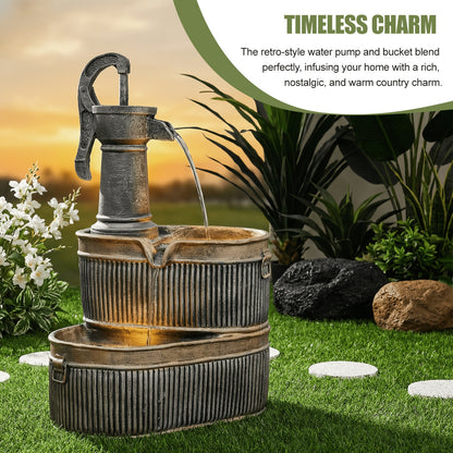 Outdoor Water Fountain 2-Tier Barrel with LED Light & Pump - Rustic Resin Garden Fountain for Patio, Yard & Deck Decor, Bronze Finish, Continuous Flow