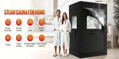 Double Person Sauna Tent 71x49x36in Extra Large 2-Person Steam Sauna Box for Home with 2 Steamers, Folding Chairs, Zipper Window & Anti-Dry Protection for Full Body Spa