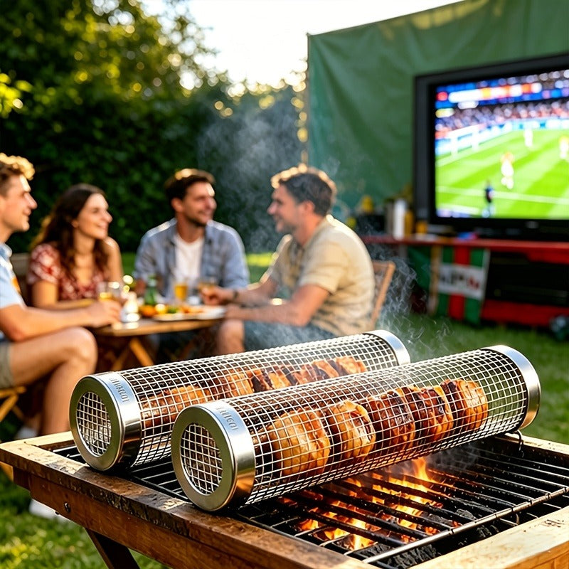 Rolling Grill Basket Stainless Steel 2-Pack – Cylinder BBQ Basket with Hook & Fork for Vegetables, Meatballs & Seafood | Outdoor Camping Bonfire Grill Accessory