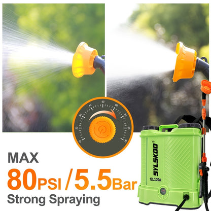 Battery Powered Backpack Sprayer 3.2 Gallon 0-80 PSI Adjustable Electric Garden Sprayer with Steel Telescopic Wand 5 Nozzles 2.0Ah 18V Battery & Charger