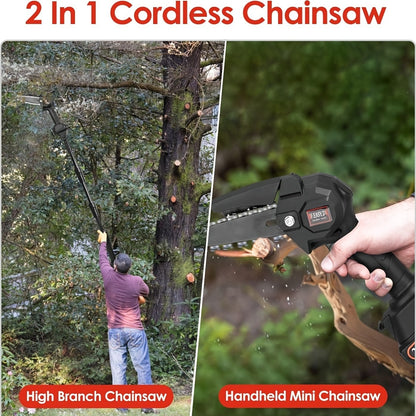 Tree Trimmer Pole Saw Cordless 2-in-1 with 4" & 6" Chains, 24V 1500mAh×2 Batteries, 3-Section Extendable to 71" & 90° Swivel Head for Branch Cutting