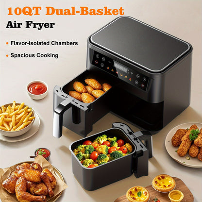 Dual Basket Air Fryer 10Qt, 10-in-1 Double Basket Air Fryer with Sync Cook & Sync Finish, Dishwasher-Safe Baskets for Bake, Roast, Broil & Reheat – Includes 50 Paper Liners, Family-Size