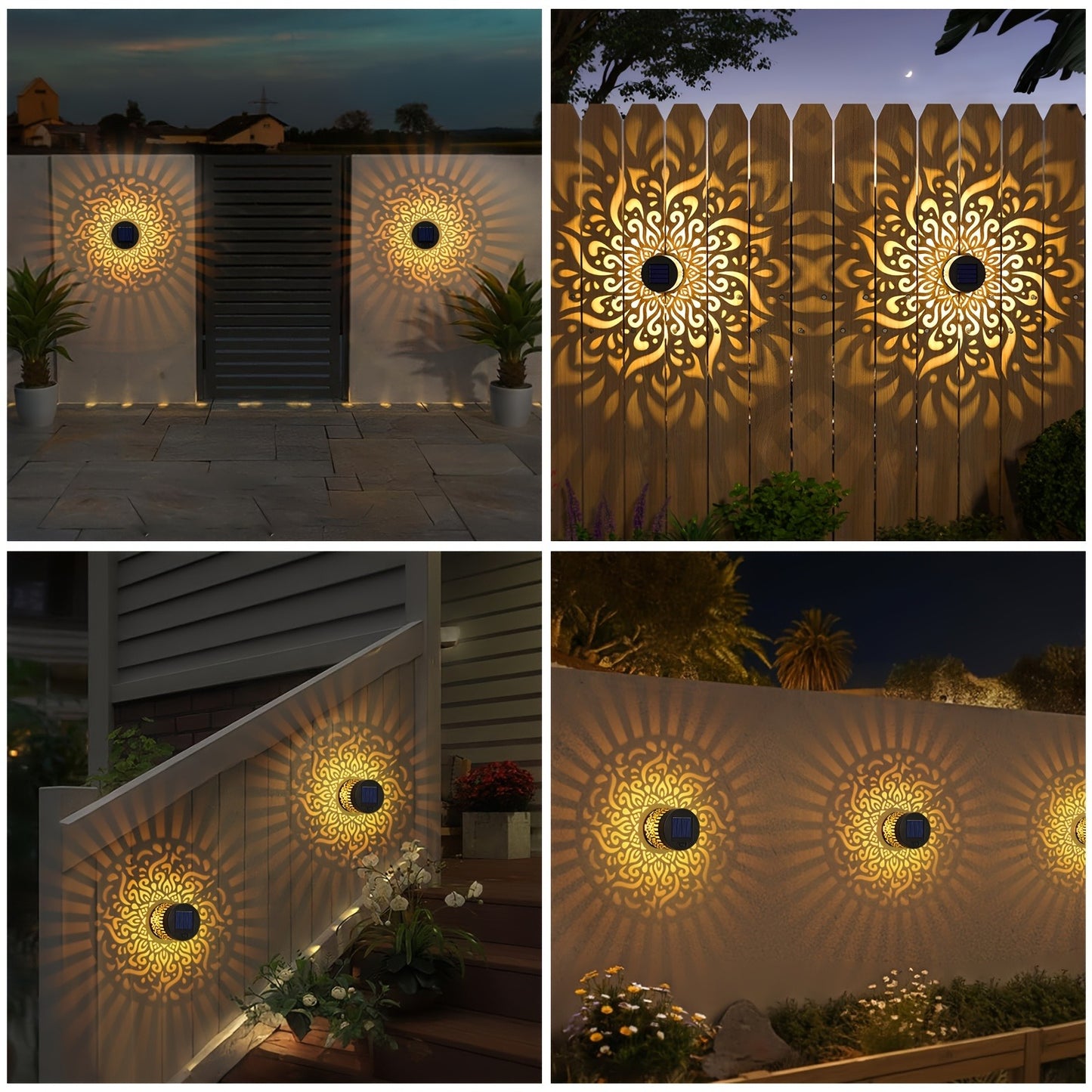Solar Garden Lights Outdoor Waterproof IP65 Mandala LED Fence Wall Lights Metal Deck Step Lights for Yard Patio Courtyard Pathway Decoration Festival Gift 1/2/4 Pack
