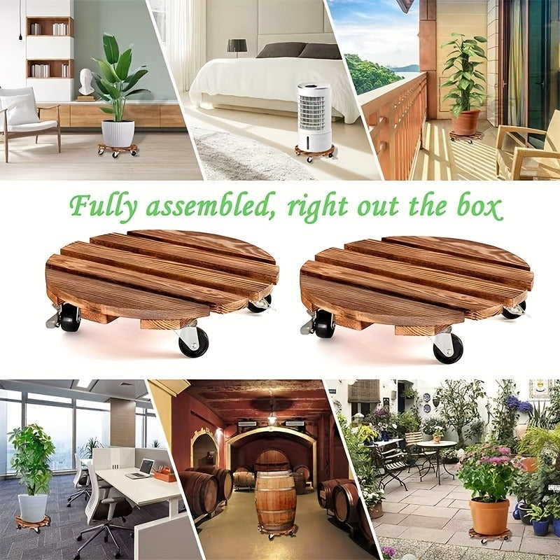 Rolling Plant Stand with Locking Wheels 2-Pack - Heavy Duty Wooden Planter Caddy for Indoor Outdoor Large Potted Plants, 12x12x3 Inch