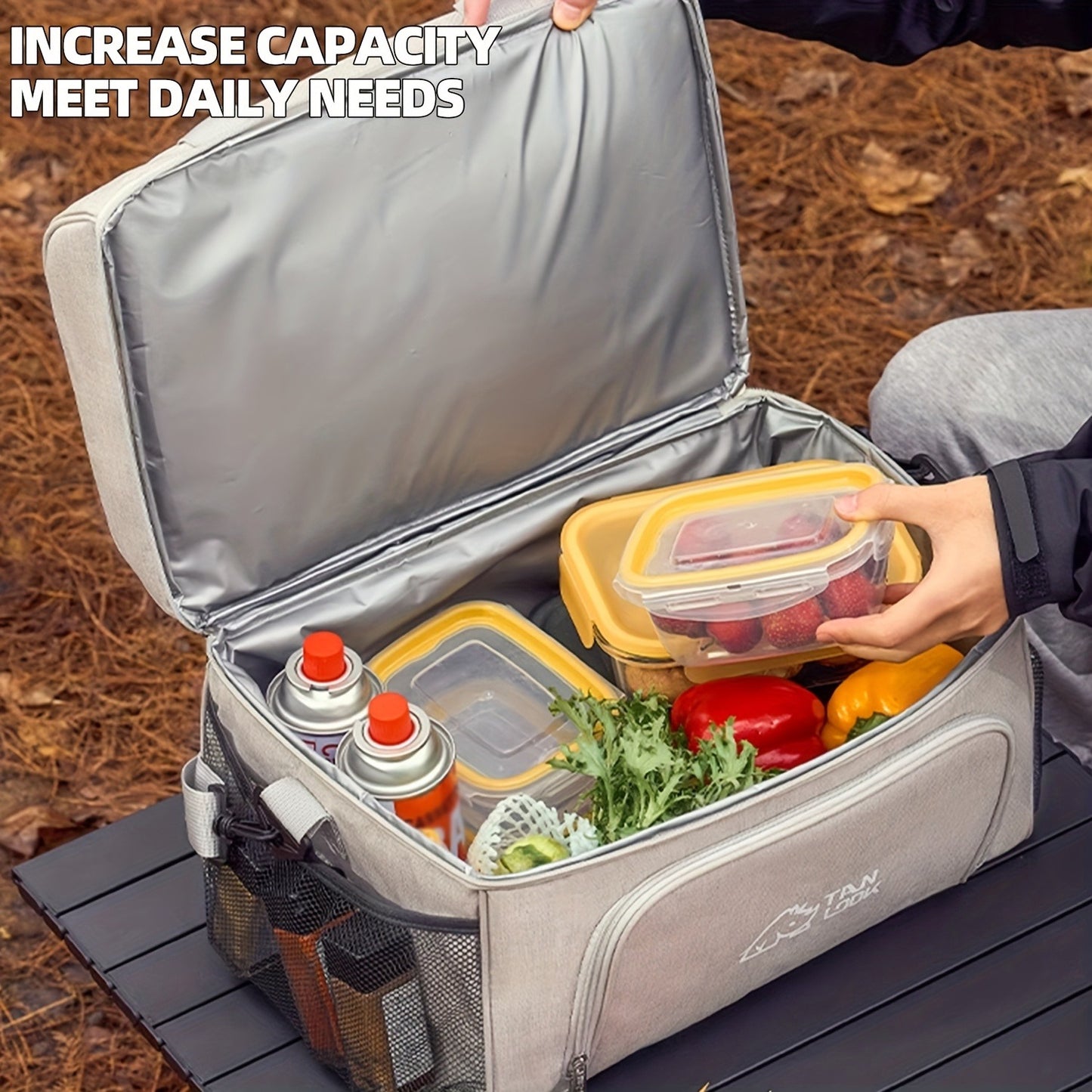 Insulated Picnic Basket Foldable Wicker with Cooler Box – Large Capacity Thermal Lunch Carrier Bag for Outdoor Camping, Beach & Picnics, Portable Wicker Cooler Basket, Khaki