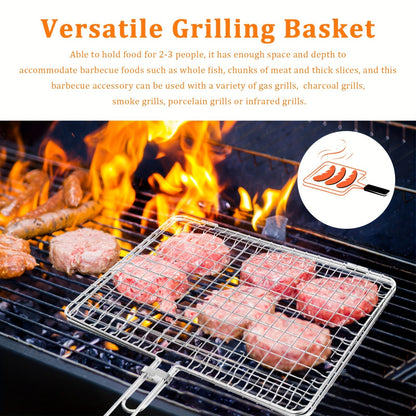 Grill Basket Stainless Steel Folding BBQ Grilling Basket for Fish Chicken Vegetables Shrimp Portable Outdoor Camping Barbecue Accessory 3 Sizes