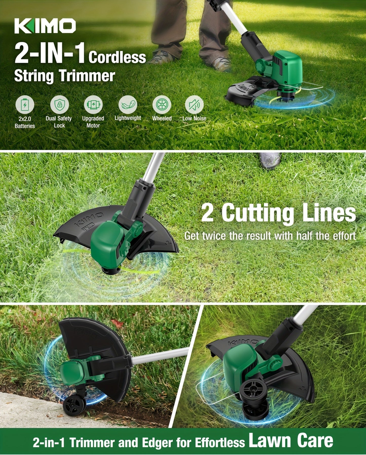 String Trimmer Cordless 2-in-1 Weed Wacker & Lawn Edger with Wheels – KIMO Brushless Motor 20000 RPM, 12" Cutting Width, 2x 2.0Ah Batteries, Lightweight for Yard Garden Patio & Landscaping