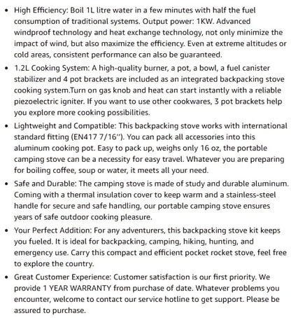 Backpacking Stove Cooking System with Pot Piezo Ignition 1KW Isobutane Burner 1.2L Pot Brackets Included Lightweight Portable for Hiking Camping Fishing Hunting