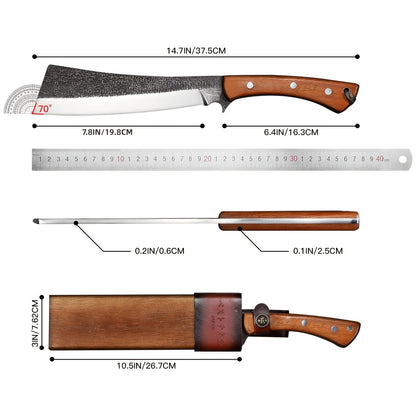 Machete High-Carbon Steel 7.8" Blade with Red Sandalwood Handle, Full Tang Outdoor Knife with Wood & Leather Case for Camping, Hiking, Gardening and Survival