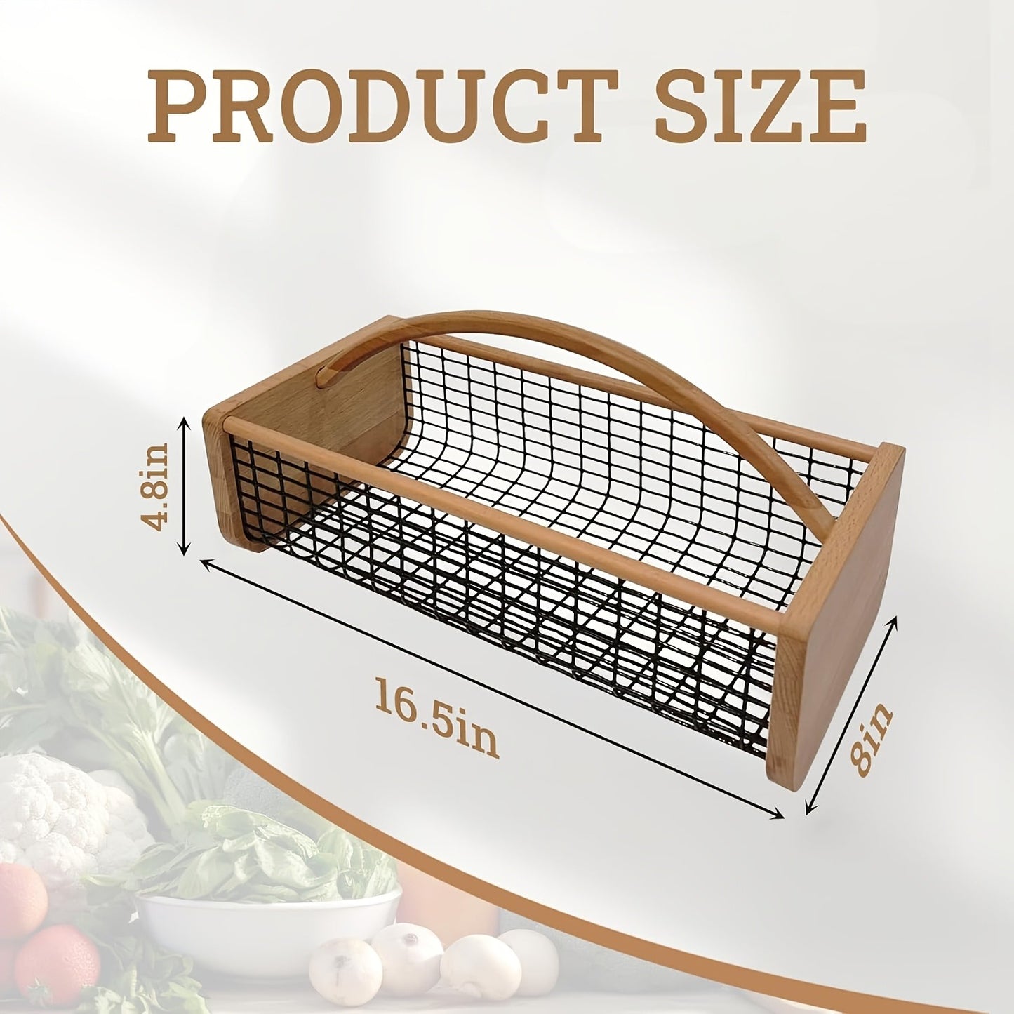 Garden Harvest Basket Metal Mesh with Wooden Handle – Rectangle Vegetable Fruit Picking Basket for Garden, Kitchen & Farmhouse Storage, Wash & Drain Design, Small & Large, Black