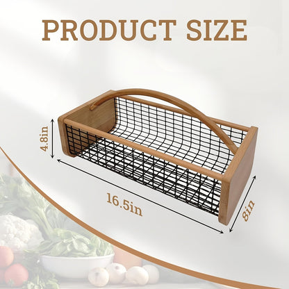 Garden Harvest Basket Metal Mesh with Wooden Handle – Rectangle Vegetable Fruit Picking Basket for Garden, Kitchen & Farmhouse Storage, Wash & Drain Design, Small & Large, Black