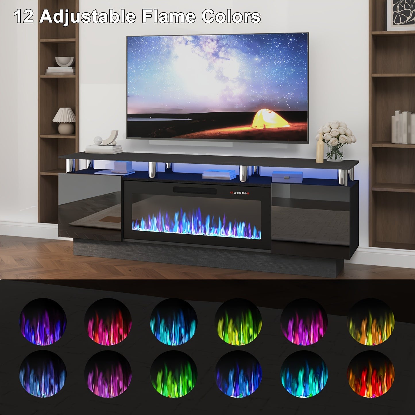 Fireplace TV Stand 70 Inch with 36" Electric Fireplace 2-Tier High Gloss Wood Entertainment Center LED Lights Cabinet Media Console Living Room