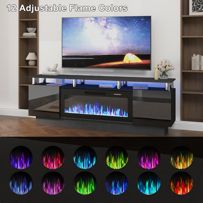 Fireplace TV Stand 70 Inch with 36" Electric Fireplace 2-Tier High Gloss Wood Entertainment Center LED Lights Cabinet Media Console Living Room