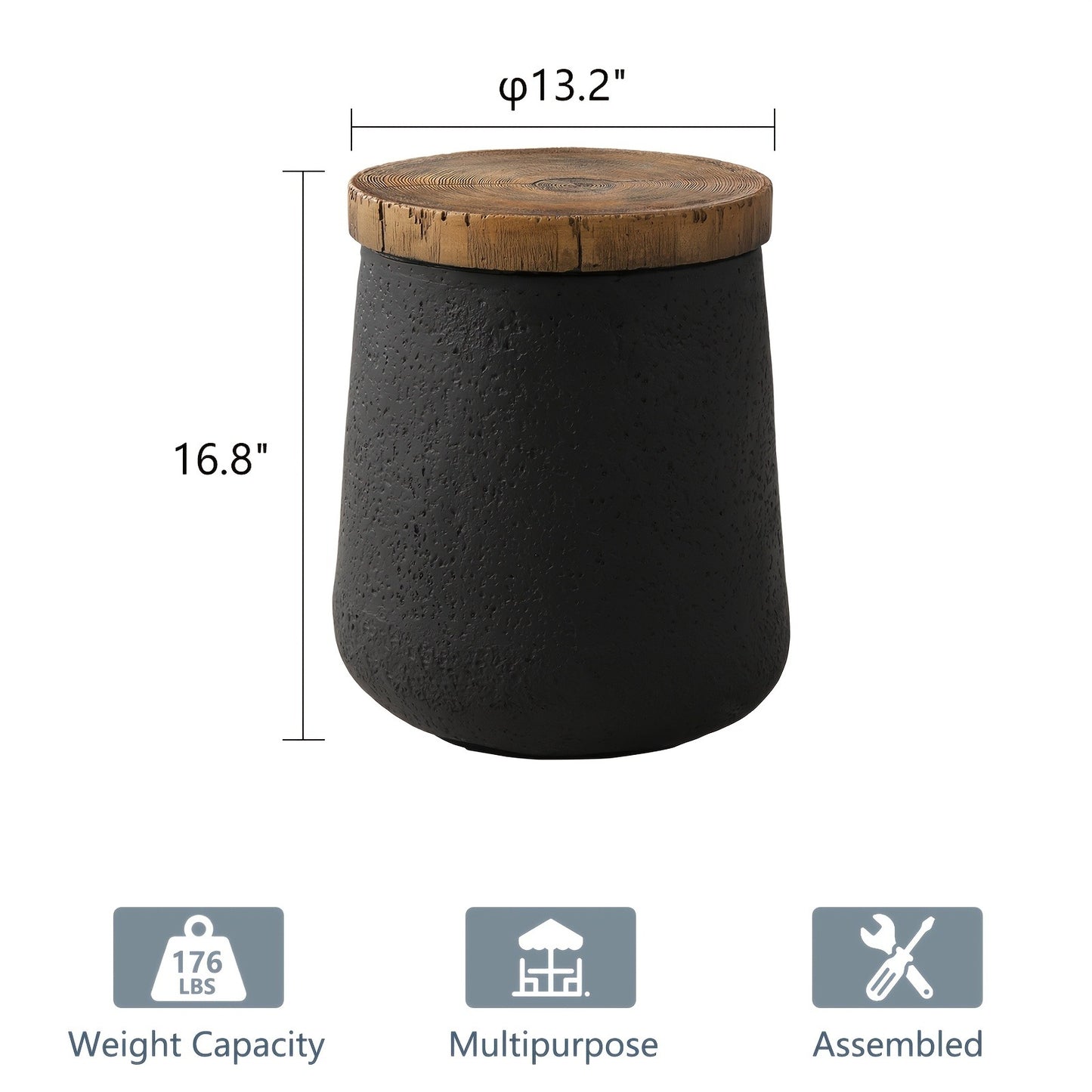 Outdoor Side Table 17in Concrete with Wood-Look Top, Accent End Table for Patio, Garden Stool for Living Room, Bedroom, Backyard Decor, Black & Hourglass Style