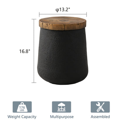 Outdoor Side Table 17in Concrete with Wood-Look Top, Accent End Table for Patio, Garden Stool for Living Room, Bedroom, Backyard Decor, Black & Hourglass Style