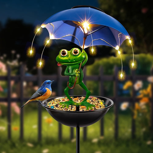 Solar Frog Statue Garden Light with Bird Feeder & LED String Decor
