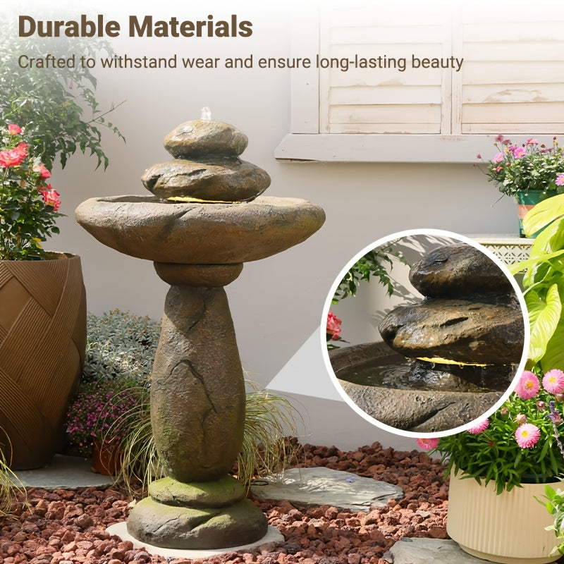 Garden Fountain 40.2 Inch Floor Standing Bird Bath Outdoor Fountain with LED Lights IPX8 Pump for Backyard Patio