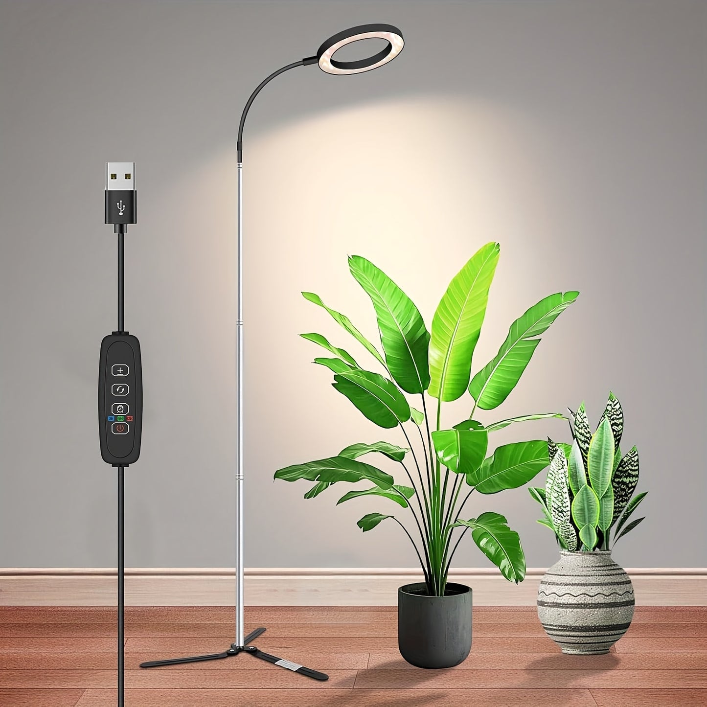 Plant Light Full Spectrum Gooseneck 360° | 3 Color Modes 10 Dimming Levels 3/6/12H Timer 65'' Telescopic Pole | Indoor Grow Lamp Large Plants Black White