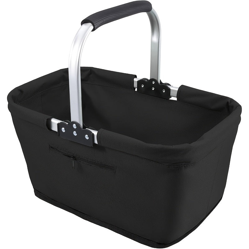 Foldable Picnic Basket Insulated | Portable Shopping Basket Aluminum Frame Oxford Cloth with Zippered Pocket