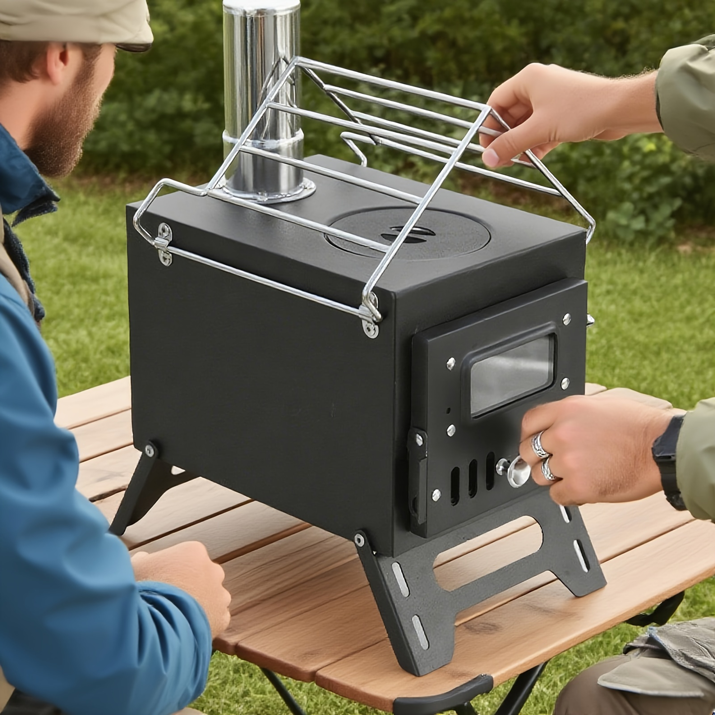 Outdoor Wood Burning Fireplace Stove Portable Camping Fire Pit Foldable Legs Carry Handle 5-Piece Chimney Pipe Complete Tool Set for Camping RV Patio Garden Winter Heating Party