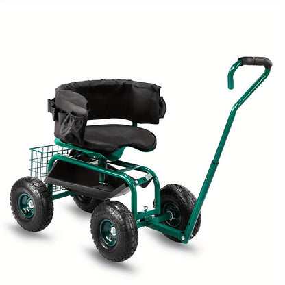Rolling Garden Seat Cart | Backrest, Cushion, Telescopic Handle & Storage Basket, Steel Frame