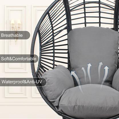 Egg Chair Outdoor Wicker Oversized Hanging Basket Chair with Stand & Cushion 500LBS Capacity UV-Resistant Rattan Style Patio Lounge Chair for Garden Backyard Balcony Porch Beige Black