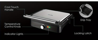 Panini Press Grill Indoor Sandwich Maker 4 Slice – Non-Stick 1200W Electric Grill with Temperature Control, 180° Opening, Removable Drip Tray | Countertop Steak & BBQ Grill